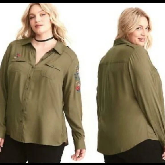 Torrid Floral Embroidered Collared Button Down Shirt Olive Green 3X - Picture 3 of 7